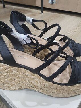 Womens Sun + Stone Black Strappy Wedge Sandals Size 9M With Braided Raffia Platf